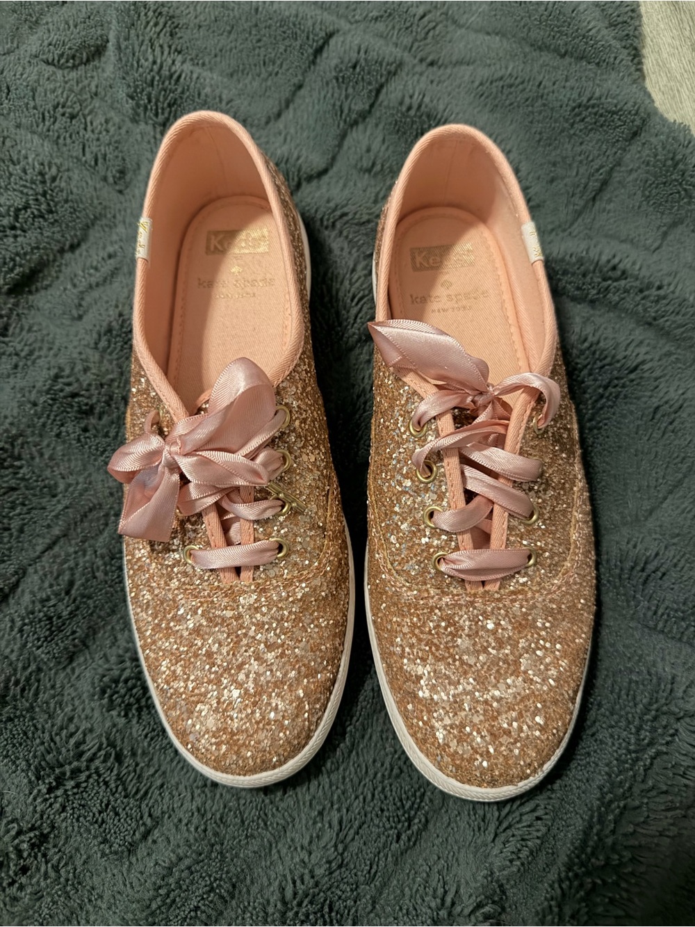 kate spade Rose Gold Glitter Ribbon Lace Sneakers